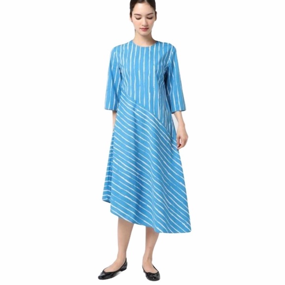 Marimekko Minuetti Rakky Asymmetric Stripe Midi Dress | Blue & White | Small - Picture 3 of 8